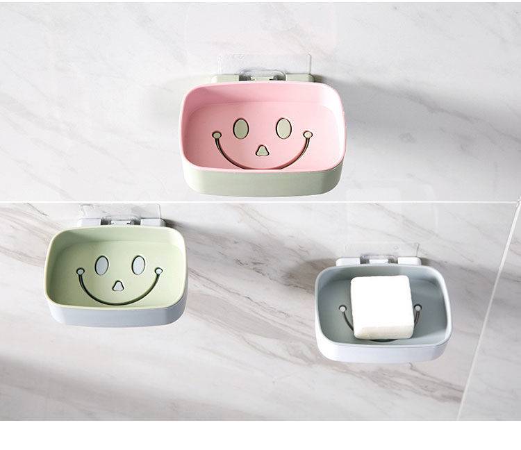 【3只装】浴室免打孔 强力粘贴 肥皂盒 创意沥水卫生间壁挂式免打孔笑脸双层大号皂架托香皂盒