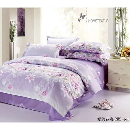瀚庭-全棉斜纹加大四件套爱的花海紫色图片