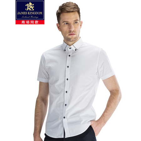 JAMESKINGDOM 男士夏超修身时尚纯色短袖衬衫白衬衣