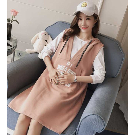 孕妇连衣裙新款韩版潮妈时尚长袖两件套连帽秋装上衣外出衣服图片