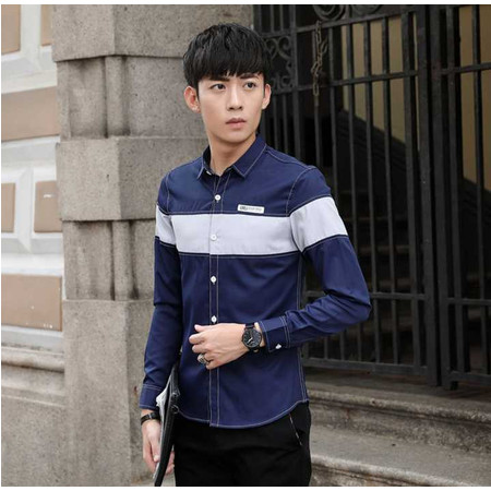 男装新款秋季长袖衬衫男式青年韩版修身时尚拼色休息衬衫