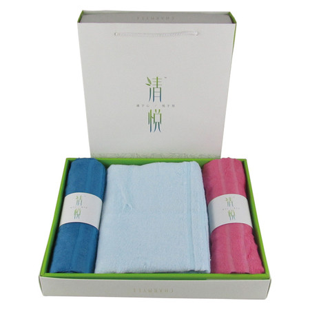 清悦 生态竹纺 竹纤维商务礼盒3件套 QY-742(健康毛巾*2条 健康浴巾*1条)（颜色随机）图片