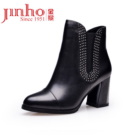 Jinho/金猴冬季新款 时尚真皮牛皮女短靴 显瘦高跟防滑耐磨女靴Q49009A图片
