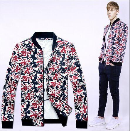 2015秋装青少年男式夹克韩版修身立领碎花夹克衫外套男装