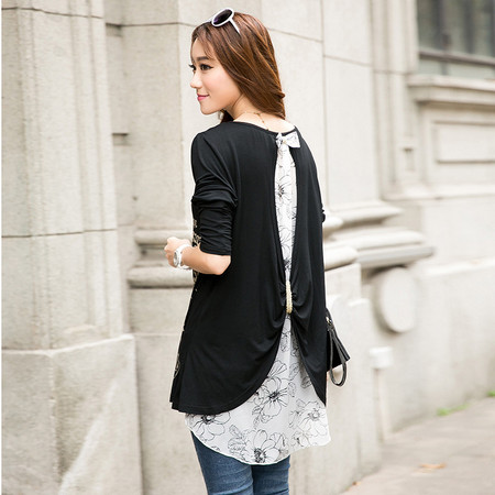 韩版新款春夏个性女装雪纺拼接棉长袖宽松T恤 NC6803