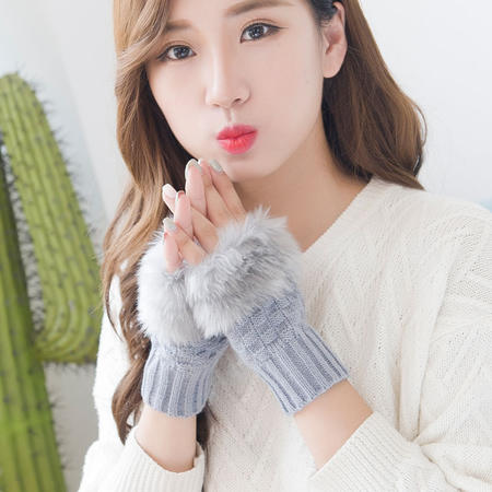 韩版半指手套女士秋冬季保暖毛线短款可爱露指手套毛口细格纹学生B1601
