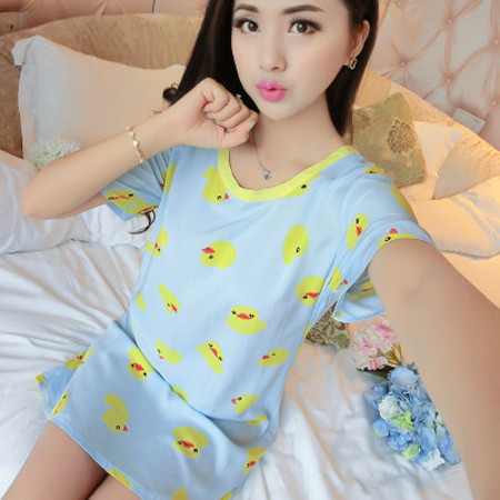 韩版睡裙女夏季薄款短袖卡通绵绸睡衣纯棉绸家居服可爱加大码P358