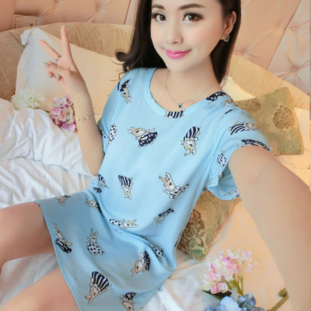 韩版睡裙女夏季薄款短袖卡通绵绸睡衣纯棉绸家居服可爱加大码P357