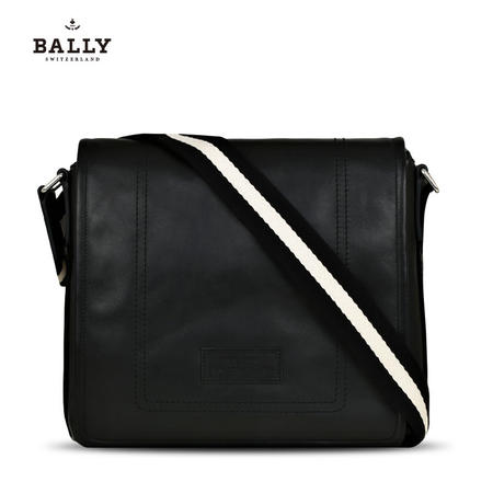 巴利 BALLY 男款TERLAGO小牛皮经典翻盖邮差斜挎包 6189959 黑色/米黑条纹图片