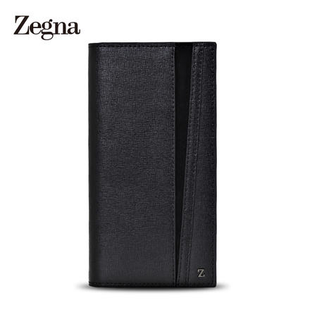 杰尼亚 Zegna 男士Z标压纹牛皮绅士长款翻盖对折钱夹钱包 E0824X 黑色图片