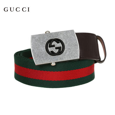 Gucci Logo板扣织物皮带 红绿条纹/咖啡