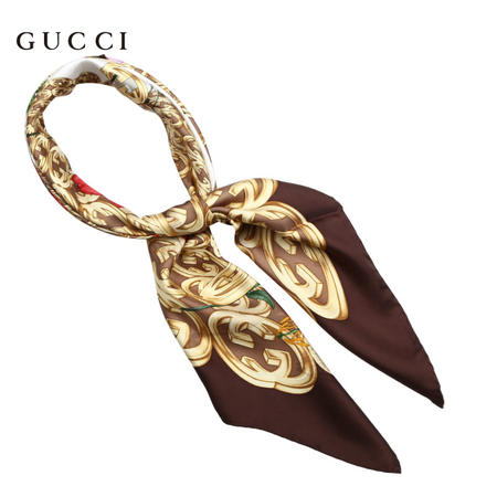 Gucci 金色双G立体印花丝巾 棕色图片