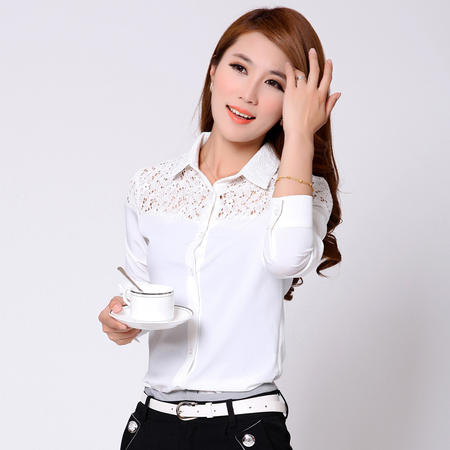 朗欣 2014新款甜美夏季女式衬衫 修身蕾丝拼接甜美白衬衣1368图片