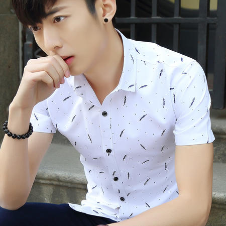郎欣夏季青年男装韩版男式短袖衬衫修身印花薄款纯棉时尚男士衬衣C099图片