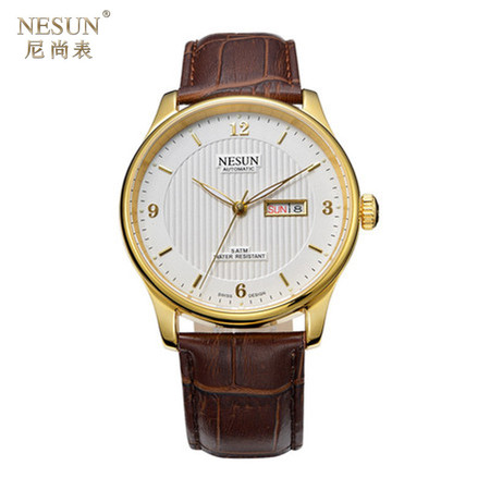 尼尚 (Nesun) 全自动机械男表 双日历男士手表 夜光防水皮表带手表 MN9601C
