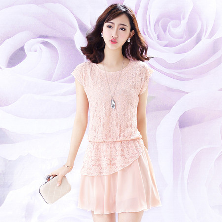 琳丹乐2015夏款新品韩版大码女装优雅时尚甜美蕾丝拼接雪纺连衣裙图片