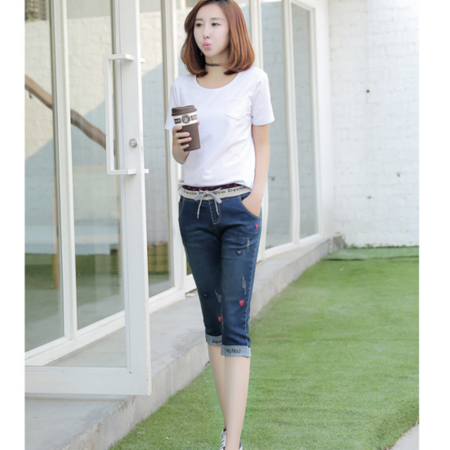 夏韩版新款女装牛仔七分裤大码显瘦松紧腰弹力小脚铅笔裤图片