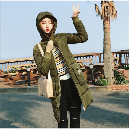2017冬季新款棉服女 韩版中长款修身连帽时尚字母棉衣 保暖外套潮