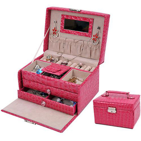 开馨宝 高级PU方形三层大容量首饰盒/饰品收纳盒-玫红色（K8524-2）。图片