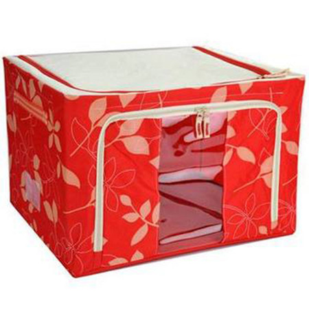 普润 22L红色 牛津布钢架百纳箱 有盖整理箱 红色树叶 单视 双开门 。
