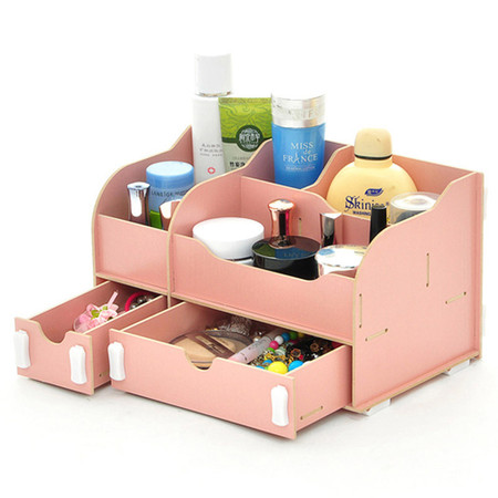 普润 实用二代DIY一大一小B款双抽屉木质收纳盒/化妆盒（AJ015）--粉色。图片