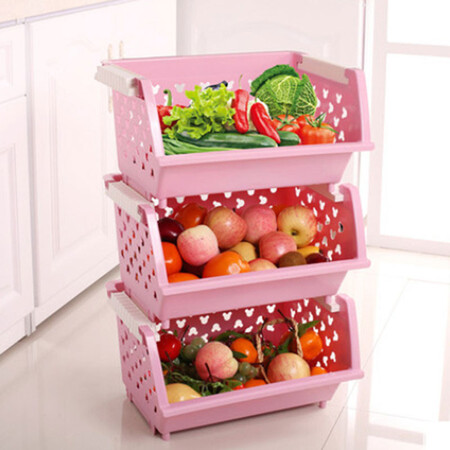 普润 镂空爱心加厚塑料厨房置物架一只装 果蔬筐篮水果蔬菜收纳储物箱粉色EQ006。