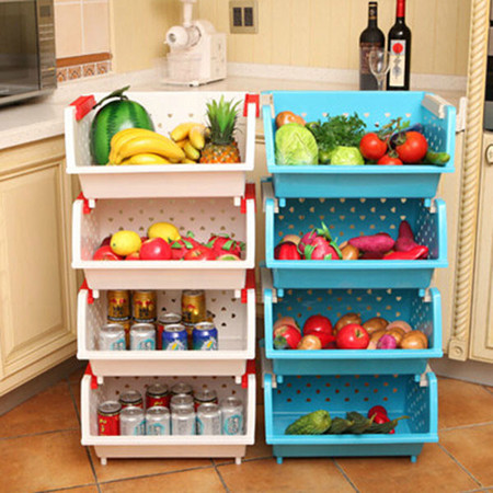 普润 镂空爱心加厚塑料厨房置物架一只装 果蔬筐篮水果蔬菜收纳储物箱 蓝色BM012。图片