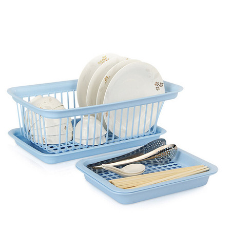家英格珊式小号沥水碗碟架+小号双层沥水盘 两件套-蓝色（A249-1）。图片