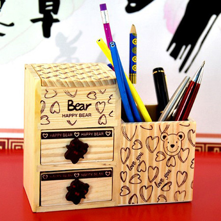 普润 韩国文具原木快乐爱心熊带双抽屉笔筒/首饰盒 。图片