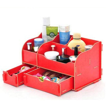 普润 实用二代DIY一大一小B款双抽屉木质收纳盒/化妆盒（AJ015）红色图片