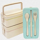 开馨宝三层小麦秸秆饭盒便当盒午餐盒 学生便携餐具 寿司盒 蓝色
