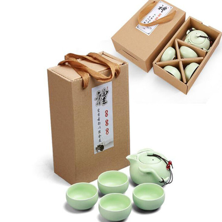 青瓷鱼杯茶具茶壶创意开业促销商务礼品陶瓷功夫套装 绿色企鹅1壶四杯+环保盒图片