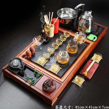 实木茶盘茶具套装兰花流水红色茶盘+玻璃茶具+黑色全自动电器
