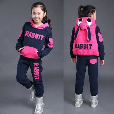 韩版童装加绒儿童加厚大童卫衣运动女童三件套装  XYT