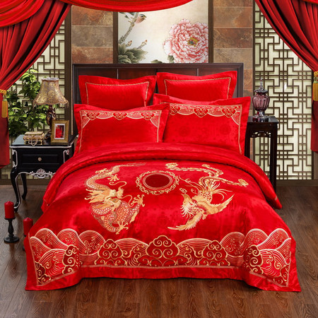 精新 全棉中国风大红60S贡缎提花婚庆标准十件套+被芯图片