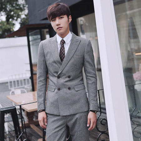 mssefn英伦双排扣男士韩版修身西装套装商务休闲西服套装XZ433