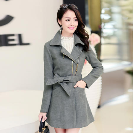Mssefn 2014秋冬新款 韩版女装修身系带长袖毛呢外套中长款YASG1969图片