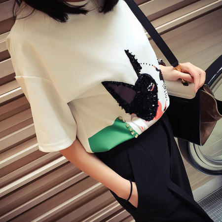 Mssefn2015春装新款韩版宽松印花俏皮斗牛犬T恤TX642图片