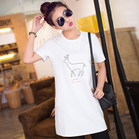 Mssefn夏装新款 韩版时尚百搭纯色拼接动物图案中长款T恤220