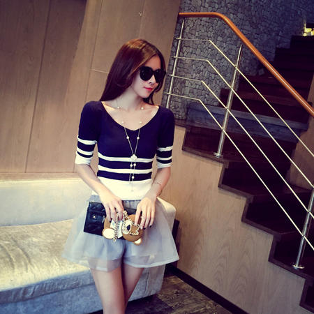 Mssefn2015夏装韩国新款时尚百搭条纹七分袖修身针织衫女E4312图片