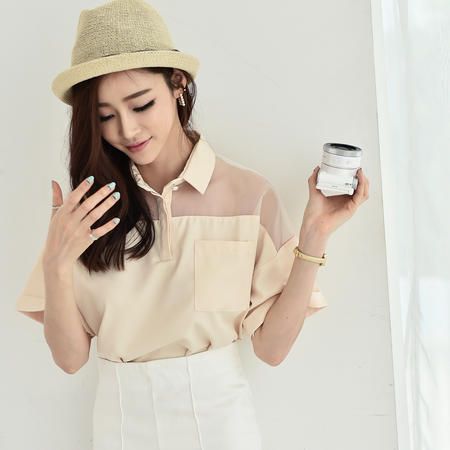 Mssefn2015夏季时尚新款韩版女装短袖宽松蕾丝拼接雪纺衫POLO领1530图片