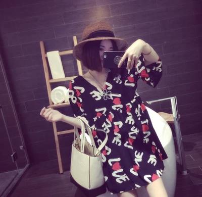 Mssefn2015夏季新品韩版爱心字母v领印花短袖雪纺连衣裙 6405F54