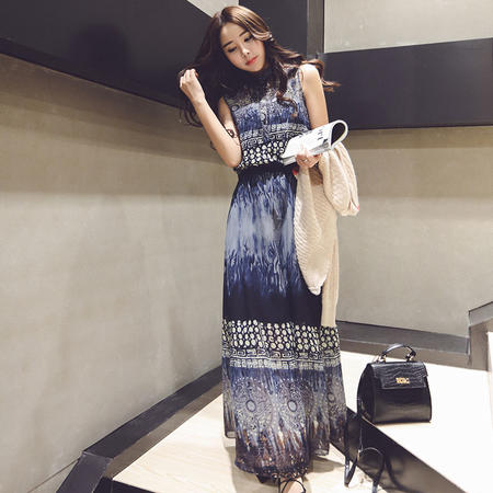 休闲奇芭 2015 夏装新款韩版女装气质无袖复古印花连衣裙民族风长裙潮
