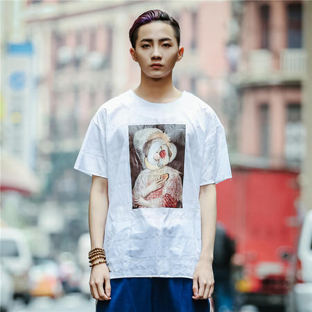 休闲奇芭 2015 男士圣母印花设计暗花纹短袖T恤