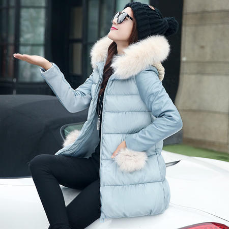 mssefn2015冬季女装新款经典连帽气质优雅中长款棉衣配真毛领图片