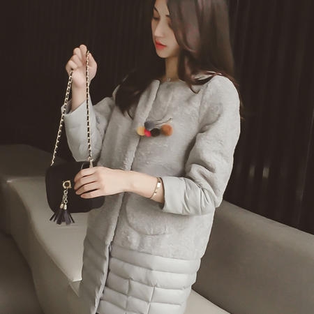 mssefn2015秋冬新款韩版宽松显瘦圆领羊羔毛中长款风衣外套女图片