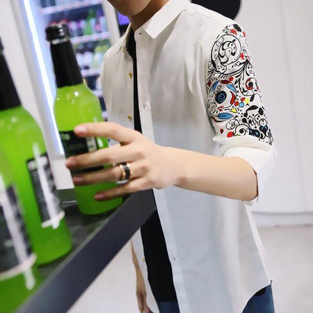 MSSEFN新品修身男装七分袖衬衫青少年中国风休闲衬衣