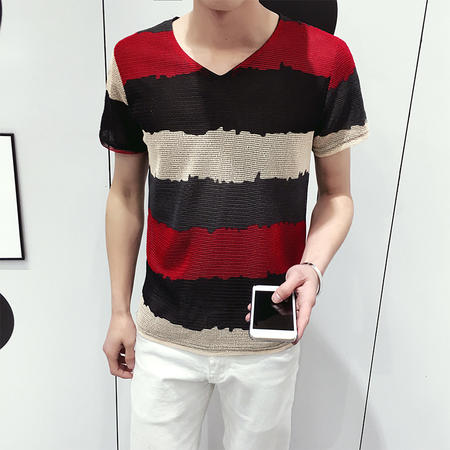 MSSEFN夏季韩版潮条纹V领修身短袖T恤男装图片