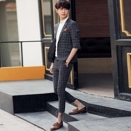 MSSEFN夏款韩版男装修身中袖西服套装 休闲格子男西服套装图片