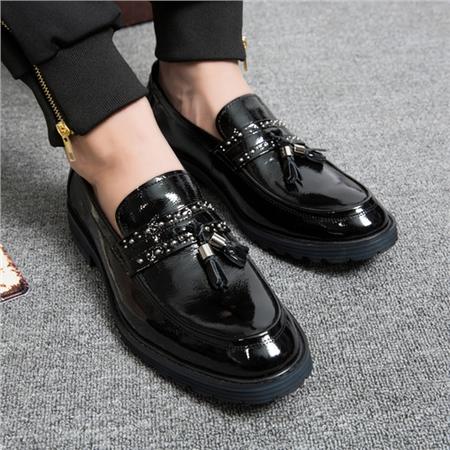 MSSEFN新款韩版英伦时尚商务套脚低帮圆头漆牛皮男鞋图片